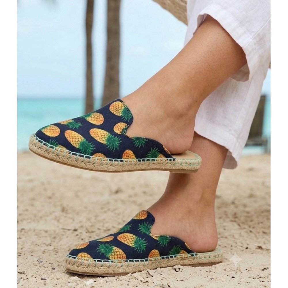 Rampage Ettie Pineapple Print Espadrille Mules Navy Tropical Slip On Flats 7M